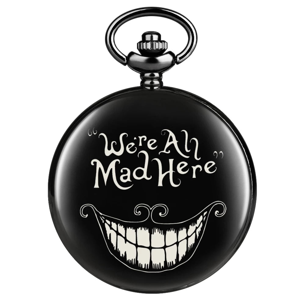We're All Mad Here - Alice In Wonderland - Crazy Quartz Pocket Watch With Black Chain - Perfect VIntage Steampunk Gift-JFC122-