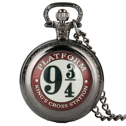 9 3/4 Station - Pocket Watch With Chain - Harry Potter Pendant - Great Gift For Film Fans - Stylish Birthday, Christmas, Valentines Day-black-