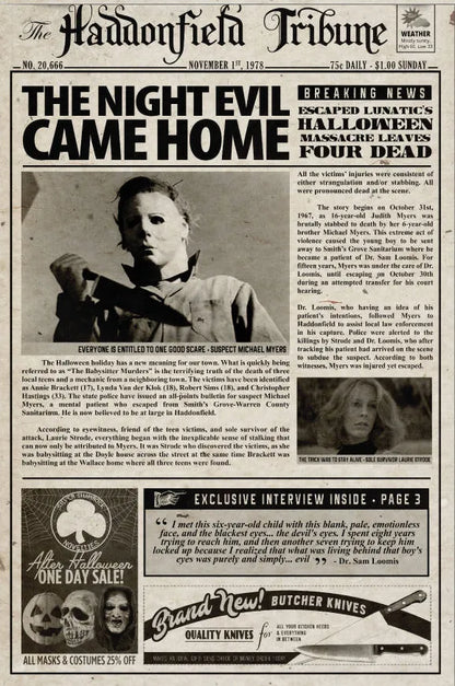 1978 Halloween Haddonfield Tribune The Night Evil Came Home Michael Myers Art Silk Poster Print-30x45cm-