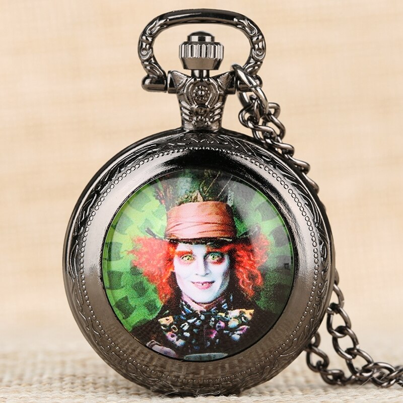 Mad Hatter Alice - Quartz Pocket Watch With Chain - Romantic Steampunk Film Gift For Men & Women - Perfect Cult Movie Present-
