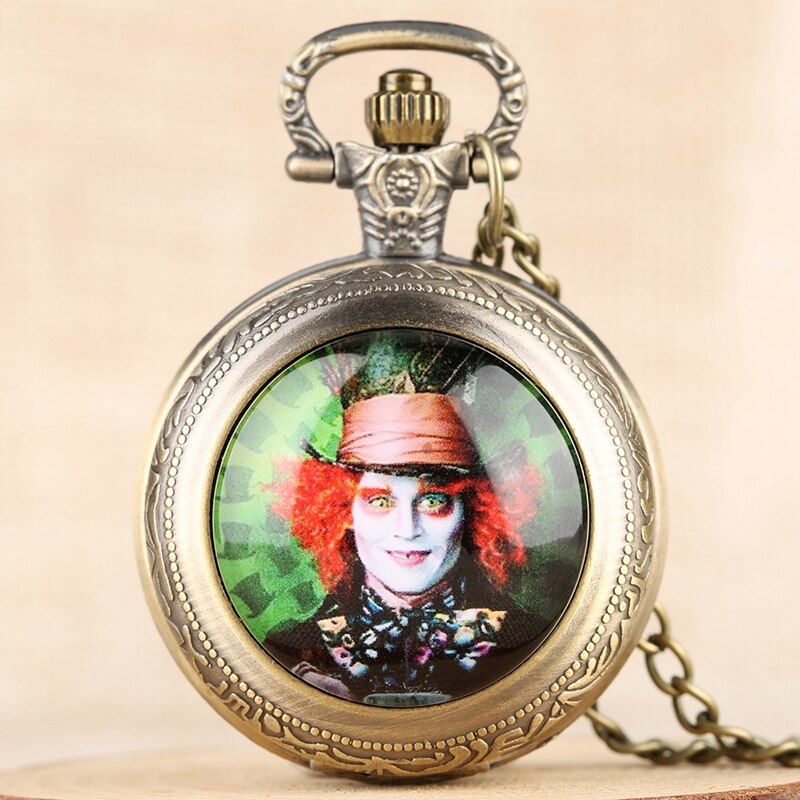 Mad Hatter Alice - Quartz Pocket Watch With Chain - Romantic Steampunk Film Gift For Men & Women - Perfect Cult Movie Present-