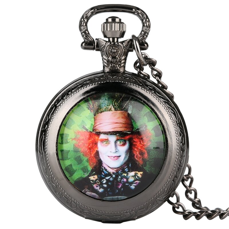 Mad Hatter Alice - Quartz Pocket Watch With Chain - Romantic Steampunk Film Gift For Men & Women - Perfect Cult Movie Present-black-