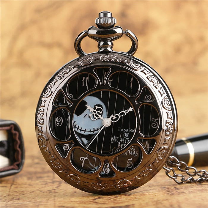 A Nightmare Before Christmas - Quartz Pocket Watch With Chain - Steampunk Film Gift For Men & Women - Cult Movie Present-Black-