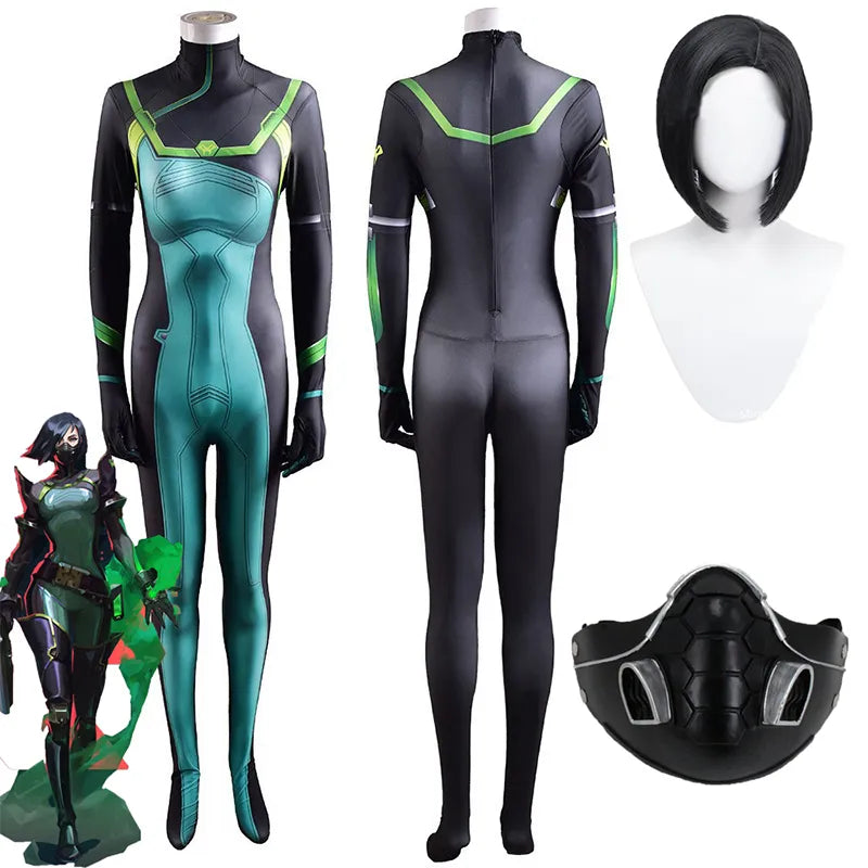 Game Valorant Cosplay Viper - Costume Accessories with 3D Print Spandex Viper Jumpsuit, Bodysuit, Wig, and Full Sets for Women and Kids-