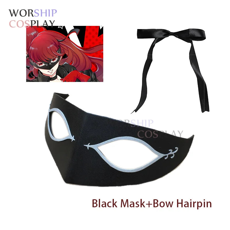 Yoshizawa Kasumi Wigs - Game Persona 5 P5 Cosplay Wig with Red Long Curly Synthetic Hair, Halloween Wigs, Wig Cap, Black Mask, and Bow Haipin-Hairpin with Mask-One Size-