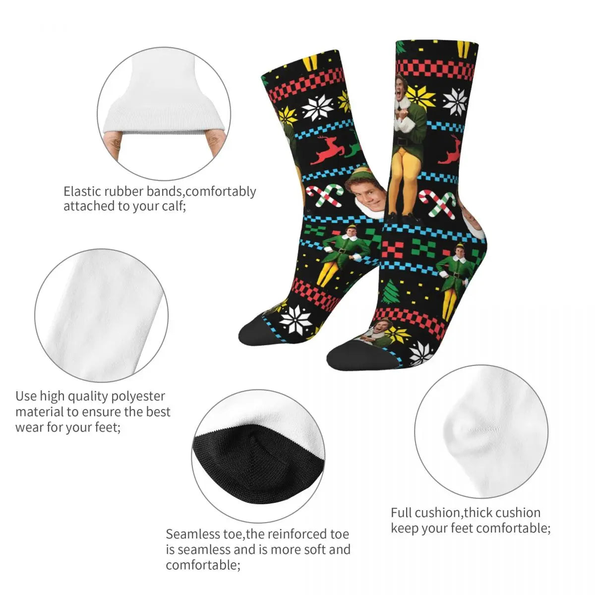 Buddy The Elf Ugly Christmas Sweater Socks - Xmas Movie Will Ferrell Kawaii - Sports Cartoon Pattern Harajuku Men's Happy Hip Hop-WHITE-One Size-