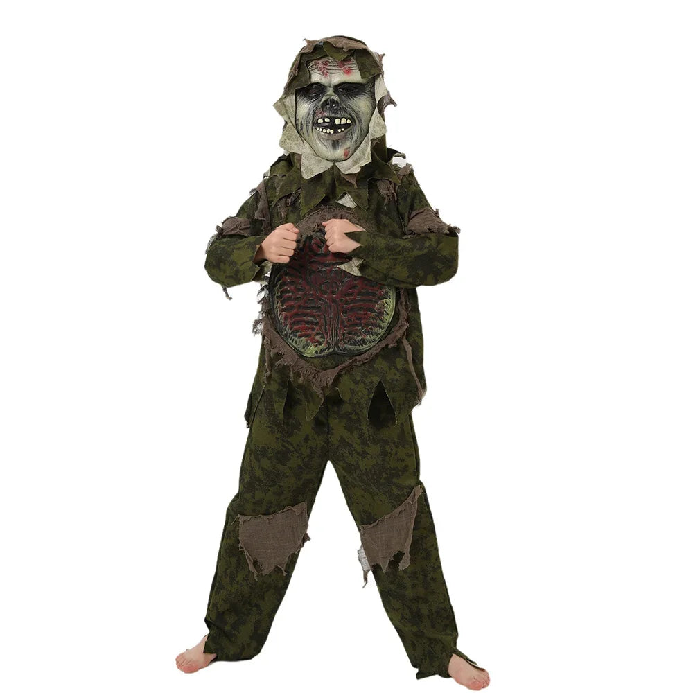 Kids Carnival Creepy Intestines Zombie Skull Costumes - Features Cosplay Gross Mask and Skeleton Camouflage Clothing, Perfect for Swamp Monster Party Props-Style 02-S-