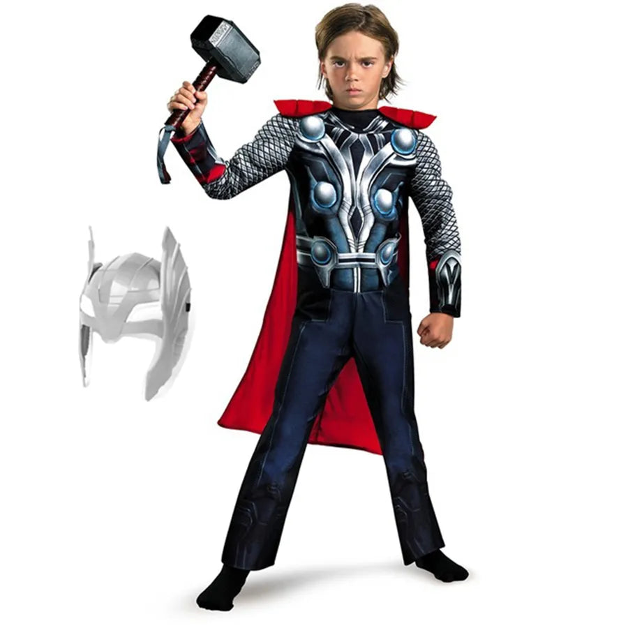 SuperHero Kids Muscle Thor Cosplay Costumes - Complete Clothes with Harmmer, Avengers Child Super Hero Halloween Costumes for Children's Day-