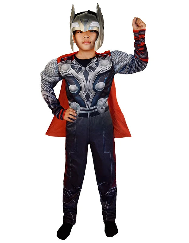 SuperHero Kids Muscle Thor Cosplay Costumes - Complete Clothes with Harmmer, Avengers Child Super Hero Halloween Costumes for Children's Day-Clothes with mask-S-