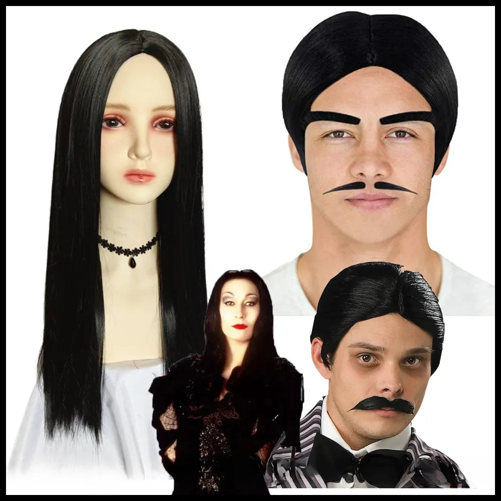 Movie Cos Wednesday Addams Family Cosplay Wig - Homes Women Morticia Addams Hair Resistant Synthetic Gomez Beard Wigs Caps for Halloween-