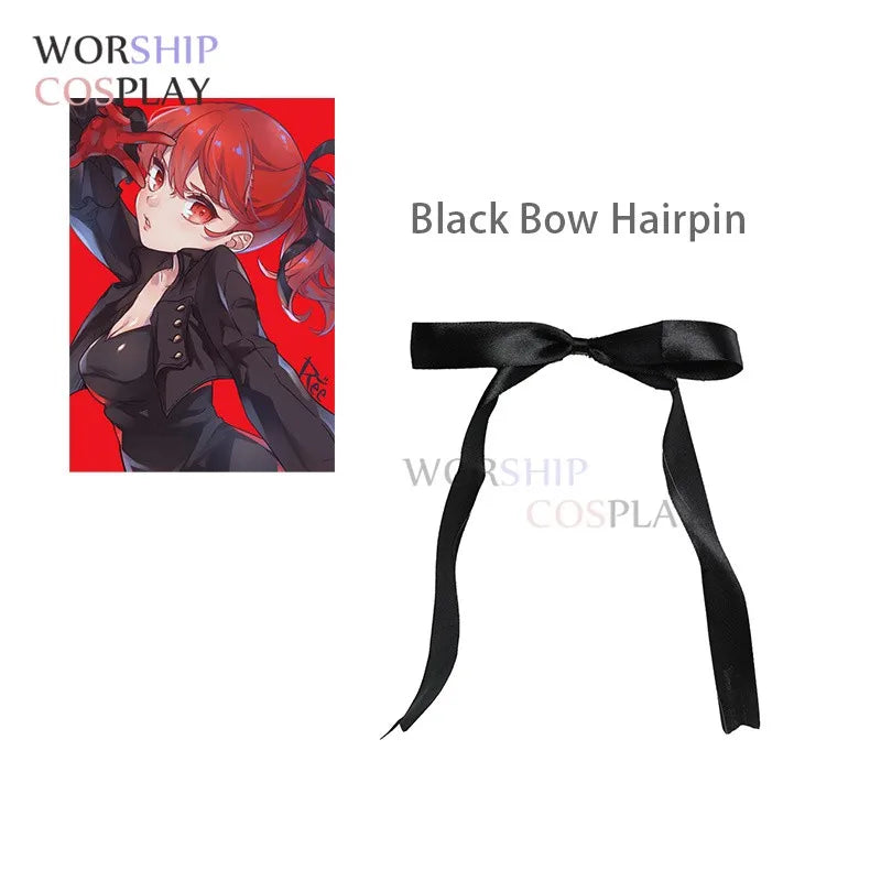 Yoshizawa Kasumi Wigs - Game Persona 5 P5 Cosplay Wig with Red Long Curly Synthetic Hair, Halloween Wigs, Wig Cap, Black Mask, and Bow Haipin-