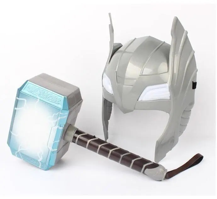 Cosplay Superhero Thor LED Light Luminous Sounding Helmet Mask - Weapon Hammer Costume, Fancy Dress Party, and Anime Stage Show Props-Red-M-