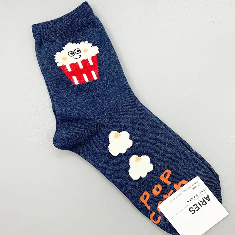 Popcorn Cheese Cartoon Food Print Socks - Woman Cotton Korean Soft Kawaii - Autumn Winter Casual Ladies Stockings-3-EUR 35-40-
