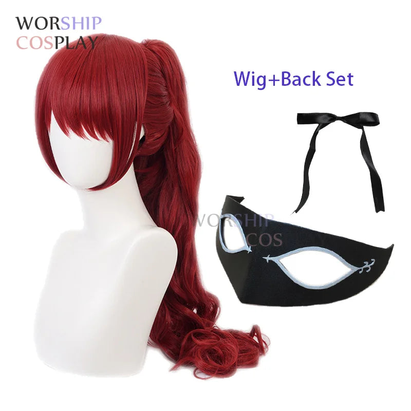Yoshizawa Kasumi Wigs - Game Persona 5 P5 Cosplay Wig with Red Long Curly Synthetic Hair, Halloween Wigs, Wig Cap, Black Mask, and Bow Haipin-wig Black set-One Size-