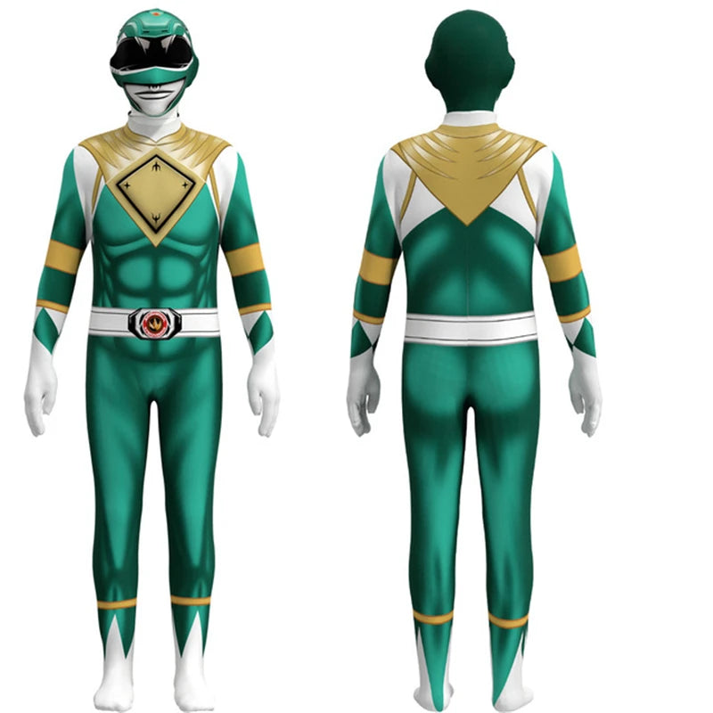 Fantasia Power Samurai Rangers Cosplay Costume - Ideal for Adults and Kids, Includes Morpher, Mighty Morphin Mask, Jumpsuit, and Zentai Suit for Halloween-Green-100-