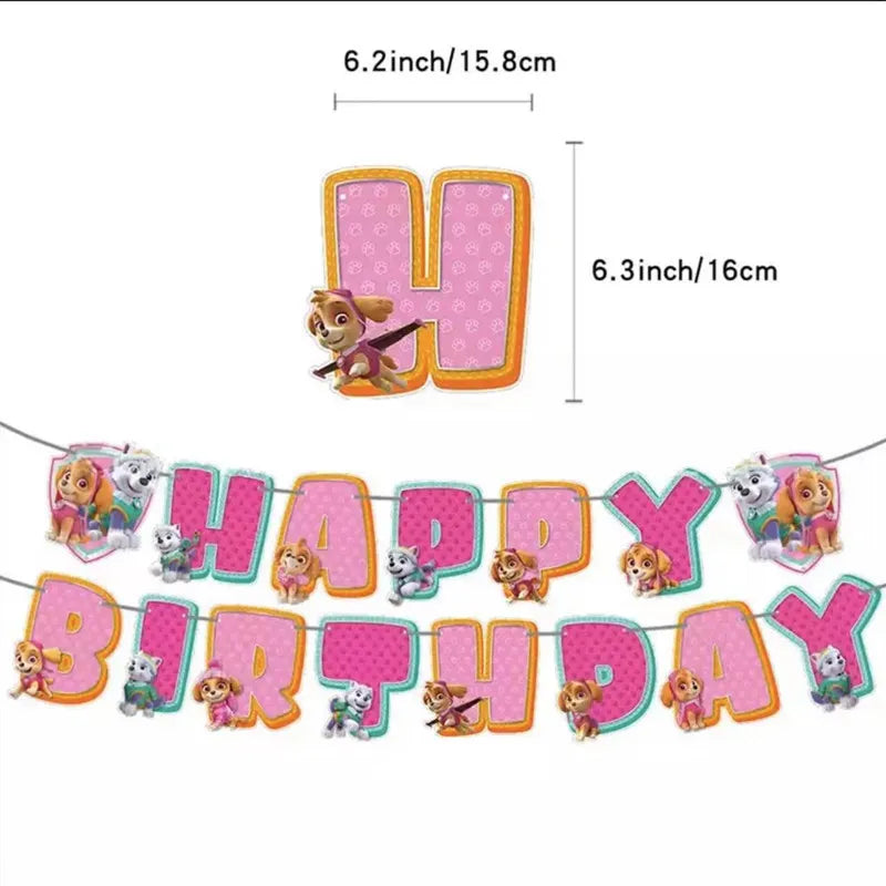 Paw Patrol Pink Birthday Skye Theme Party Decorations - Tableware Set Paper Plates Cups Napkins - For Kid Party Supplies Toy Gifts-1pcs Flag B-Other-
