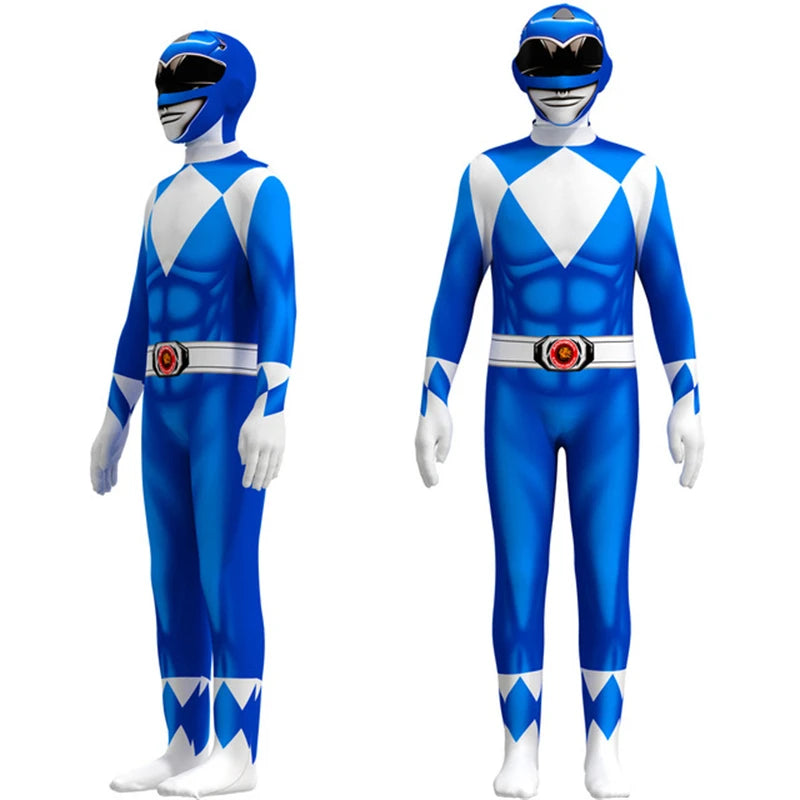 Fantasia Power Samurai Rangers Cosplay Costume - Ideal for Adults and Kids, Includes Morpher, Mighty Morphin Mask, Jumpsuit, and Zentai Suit for Halloween-Blue-100-