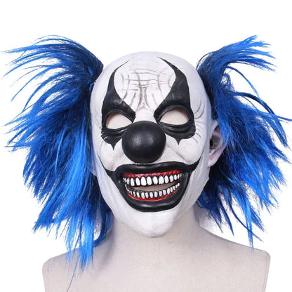 Realistic Latex Blue Hair Smiling Clown Mask - Perfect for Halloween Haunted House, Ghost Headgear, Party Cosplay, and Scary Props-