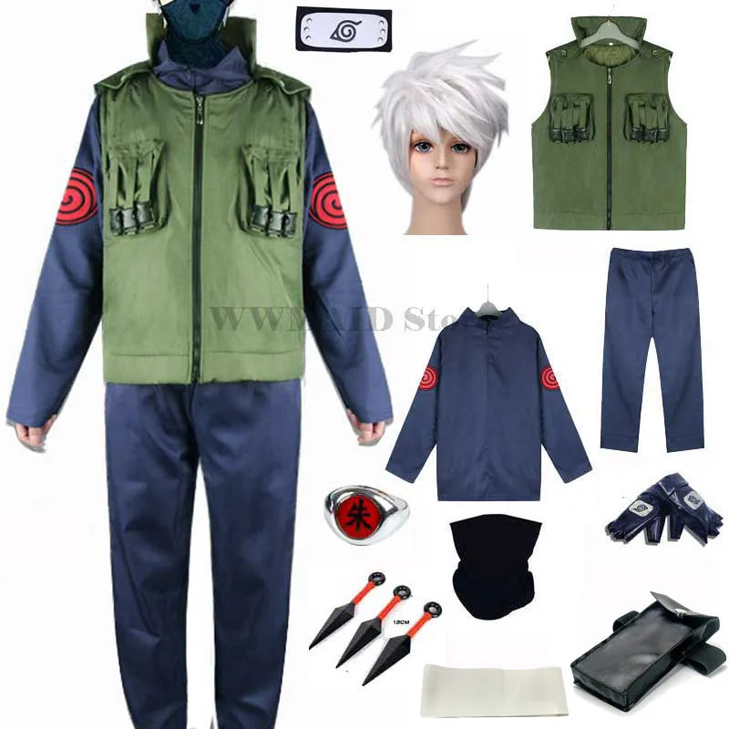 Kakashi Cosplay Costumes for Men and Women - Hatake Green Vest, Waistcoat, Pants, Mask, and Clothes Set for Anime Halloween Costume-