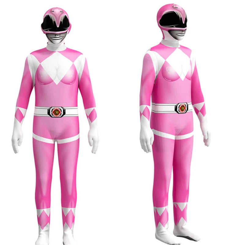 Fantasia Power Samurai Rangers Cosplay Costume - Ideal for Adults and Kids, Includes Morpher, Mighty Morphin Mask, Jumpsuit, and Zentai Suit for Halloween-Pink-100-