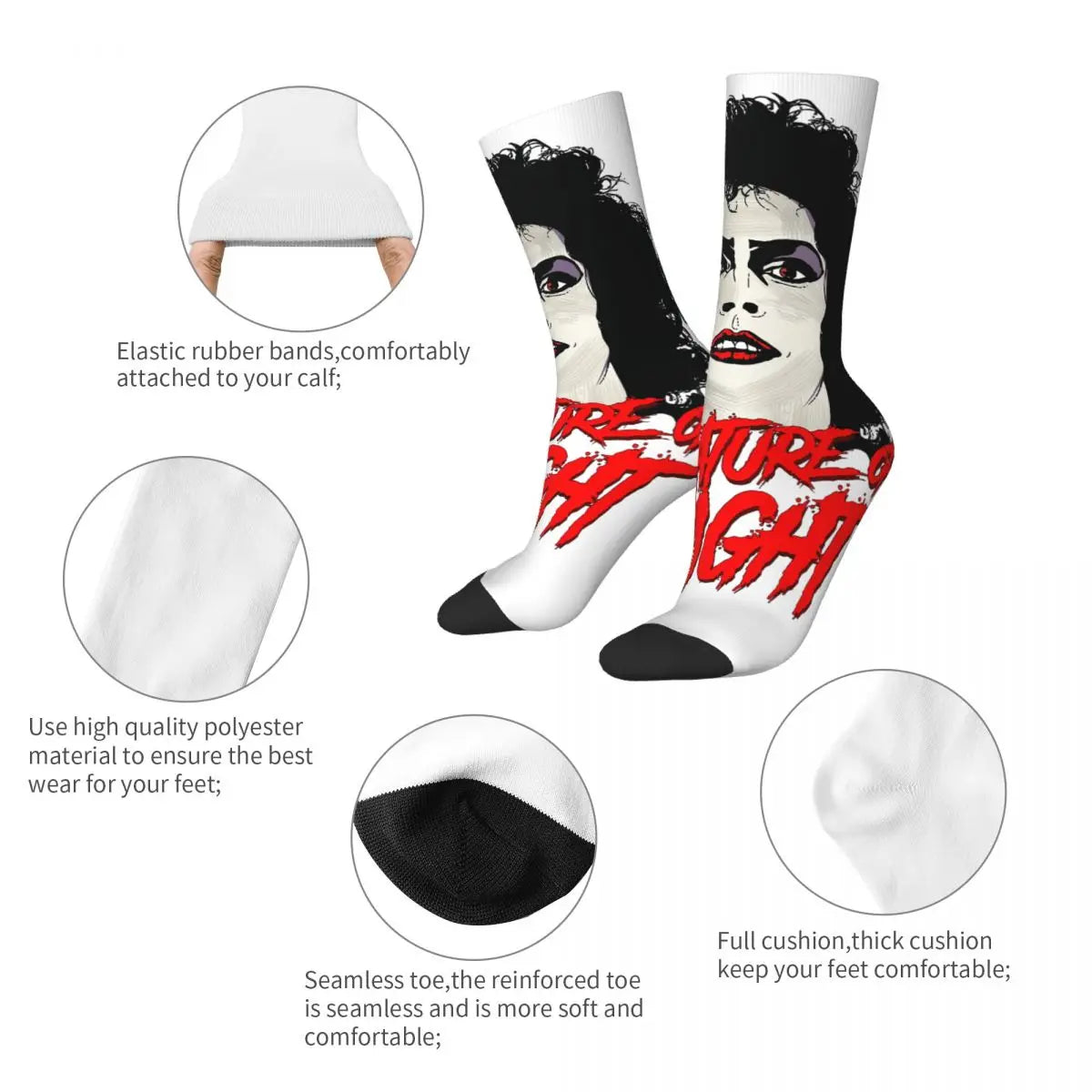 Creature Of The Night Rocky Horror Picture Show Socks - Funny Crazy Men's Hip Hop Vintage - Seamless Printed Crew-WHITE-One Size-