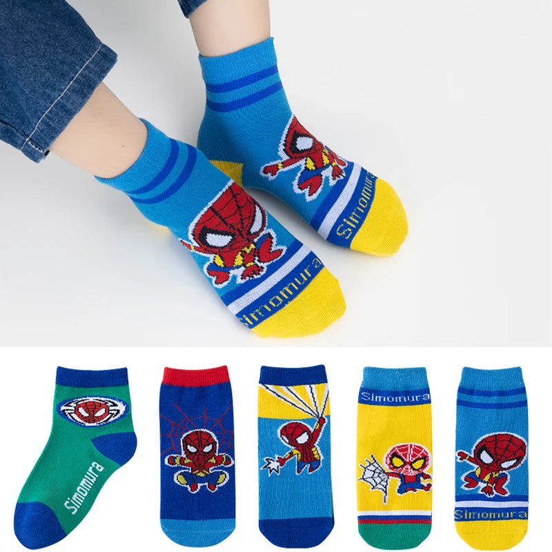 5Pairs Disney Baby Socks - Spiderman Cartoon Anime Cotton Boys Tube Socks - Children Autumn Winter Socks - Children Socks Size 0-12 Y-Spiderman-3-1-3 Years Old-