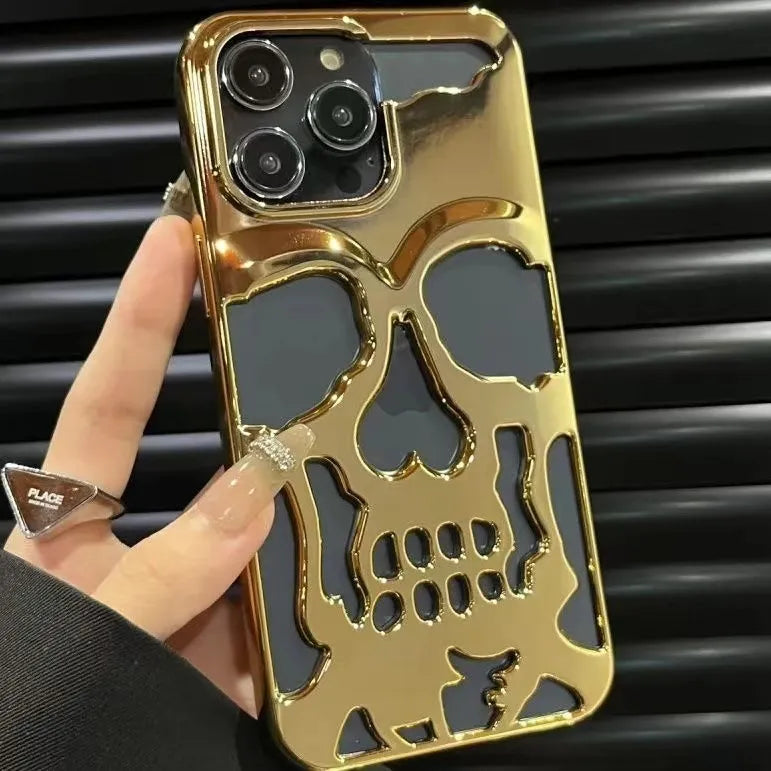 3D Hollow Skull Callous Phone Case - Luxury Plating Shockproof Ghostface Soft Cover - iPhone 15 14 ProMax Plus 13 12 11 Pro Max - All iPhone Models - Anime Fan Gift-Gold(AE存量)-For iPhone 14-