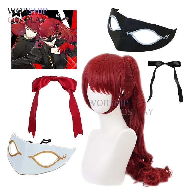 Yoshizawa Kasumi Wigs - Game Persona 5 P5 Cosplay Wig with Red Long Curly Synthetic Hair, Halloween Wigs, Wig Cap, Black Mask, and Bow Haipin-
