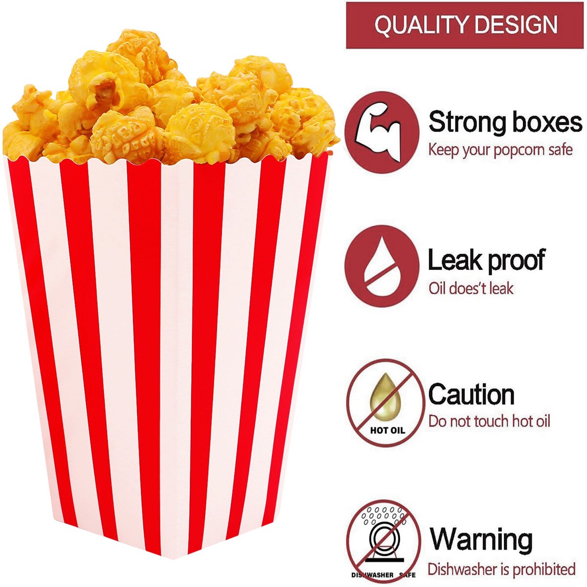 50Pcs Popcorn Boxes - Red & White Striped - Popcorn Bags - Movie Night - Cinema Room Essentials-