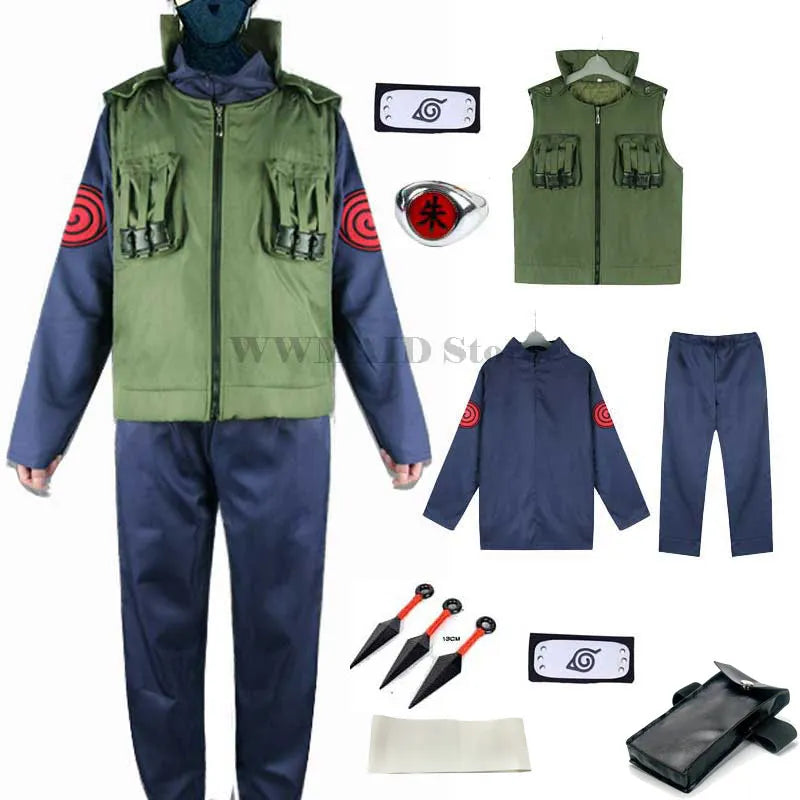 Kakashi Cosplay Costumes for Men and Women - Hatake Green Vest, Waistcoat, Pants, Mask, and Clothes Set for Anime Halloween Costume-Set 4-S-