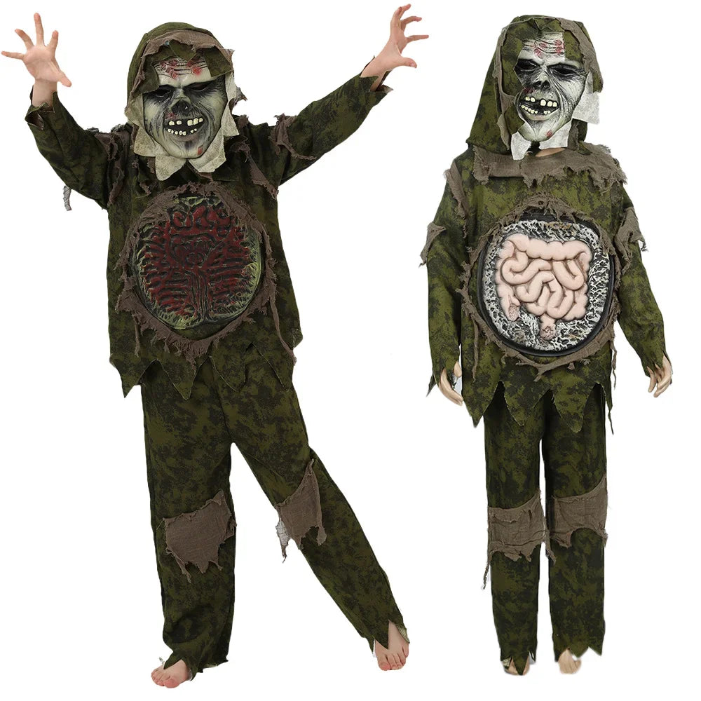 Kids Carnival Creepy Intestines Zombie Skull Costumes - Features Cosplay Gross Mask and Skeleton Camouflage Clothing, Perfect for Swamp Monster Party Props-