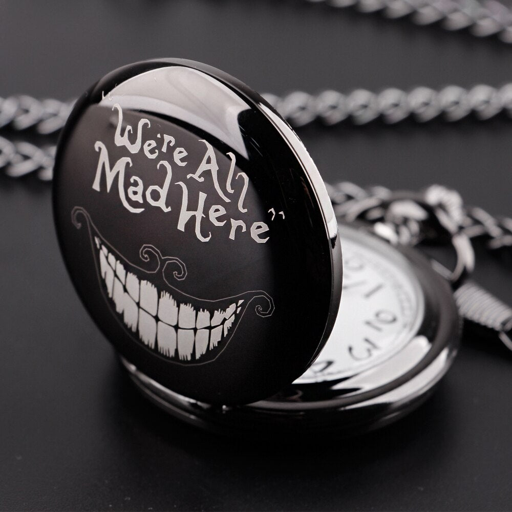 We're All Mad Here - Alice In Wonderland - Crazy Quartz Pocket Watch With Black Chain - Perfect VIntage Steampunk Gift-