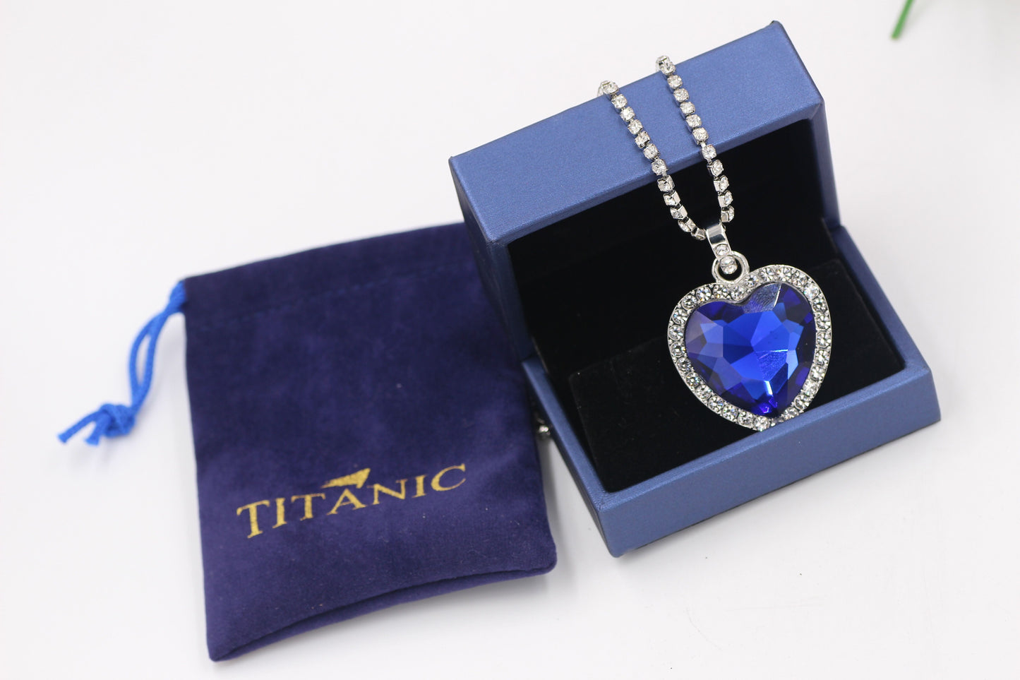 Titanic - Heart Of The Ocean - Blue Hope Diamond - Movie Prop Replica From The Depths Of The Sea - Love Forever Pendant Necklace + Velvet Bag-Blue-Royal Blue-45cm