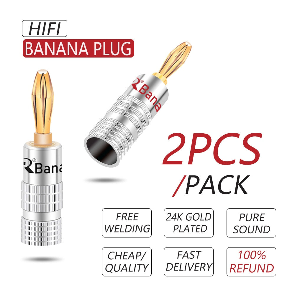 R Banana plug 24K Gold Plated Copper BFA 4mm Banana connector Male Speaker plug black&red 2PCS/1PAIR-