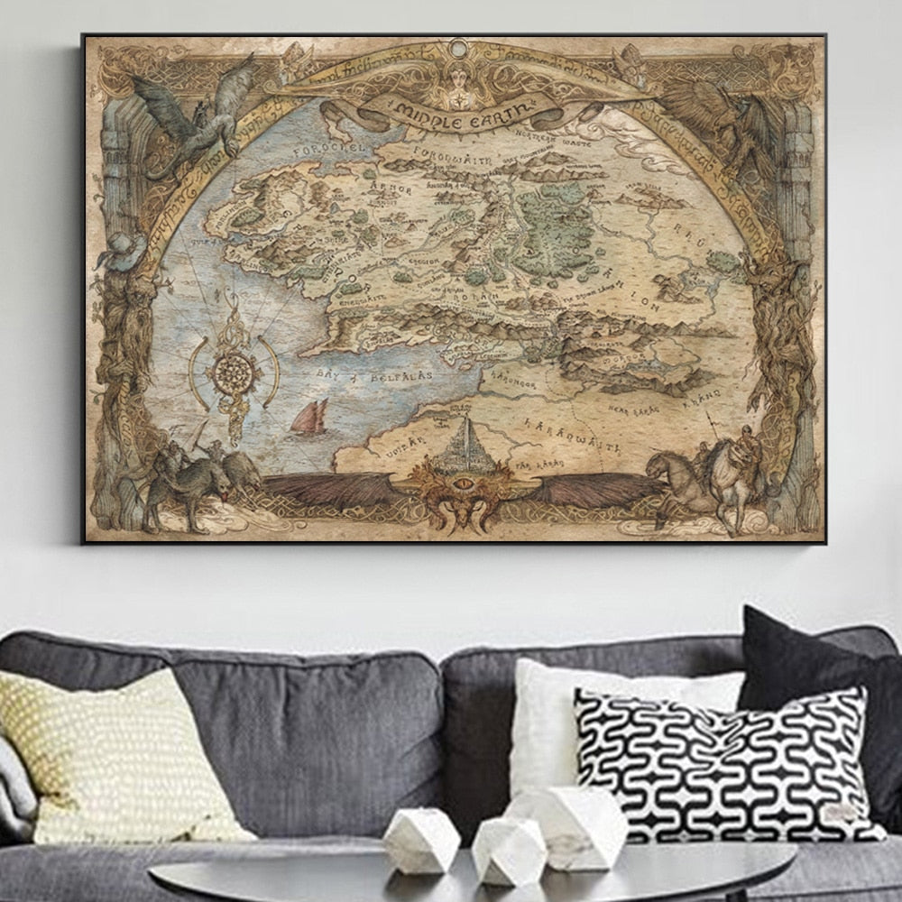 Vintage Middle-Earth World Map - Movie Poster And Prints Lord Of Rings - Wall Art Canvas & Painting Decoration For The Living Room-