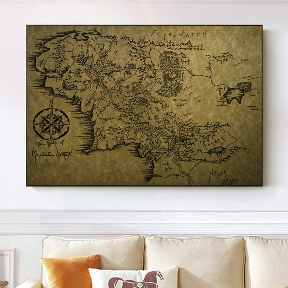 Vintage Middle-Earth World Map - Movie Poster And Prints Lord Of Rings - Wall Art Canvas & Painting Decoration For The Living Room-