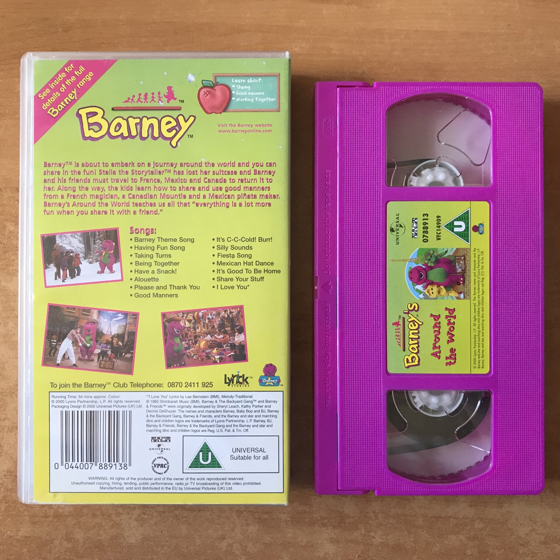 Barney: Around The World; Sharing - Manners (Ages 0-6) - 15 Songs - Kids - VHS-